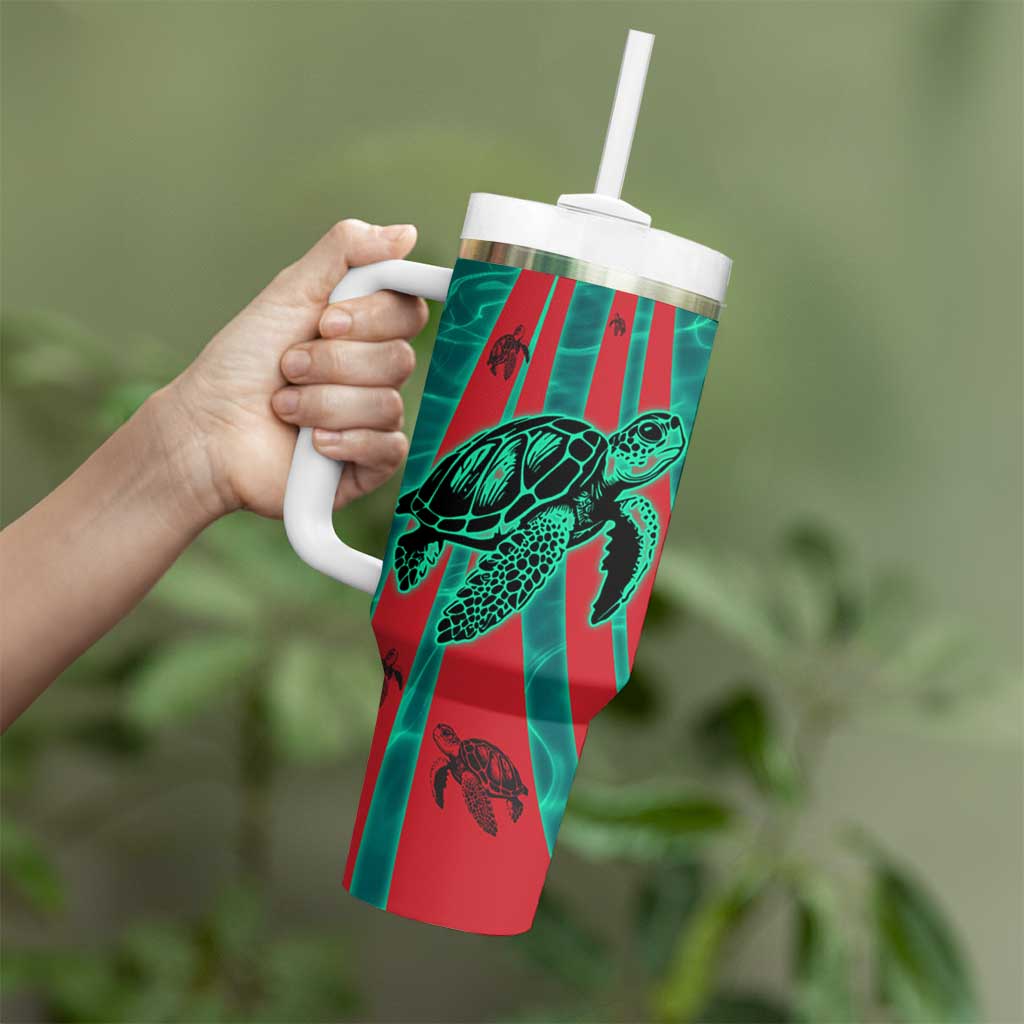 Grenada Sea Turtle Tumbler With Handle with Red Wave Stripes and Ocean Water Background - Wonder Print Shop