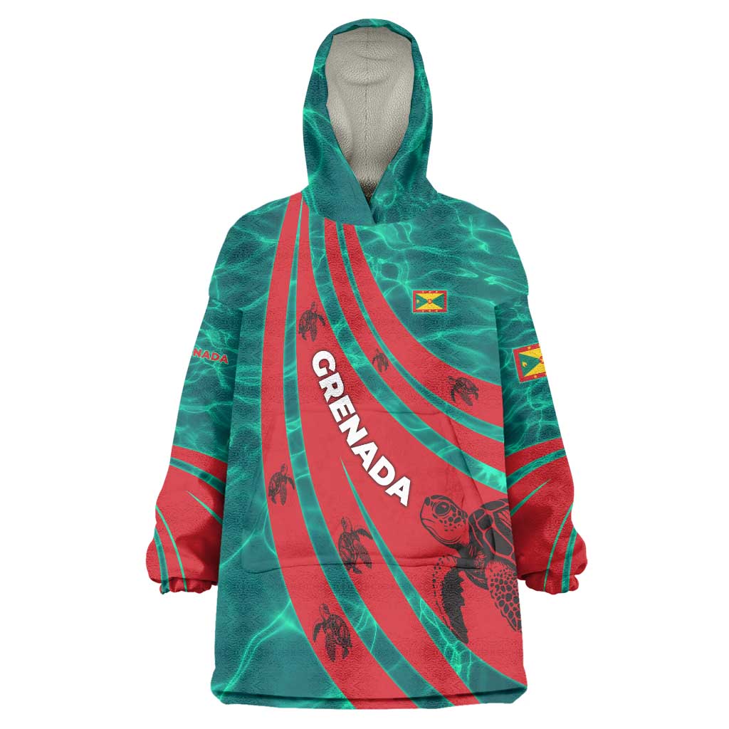 Grenada Sea Turtle Wearable Blanket Hoodie with Red Wave Stripes and Ocean Water Background - Wonder Print Shop