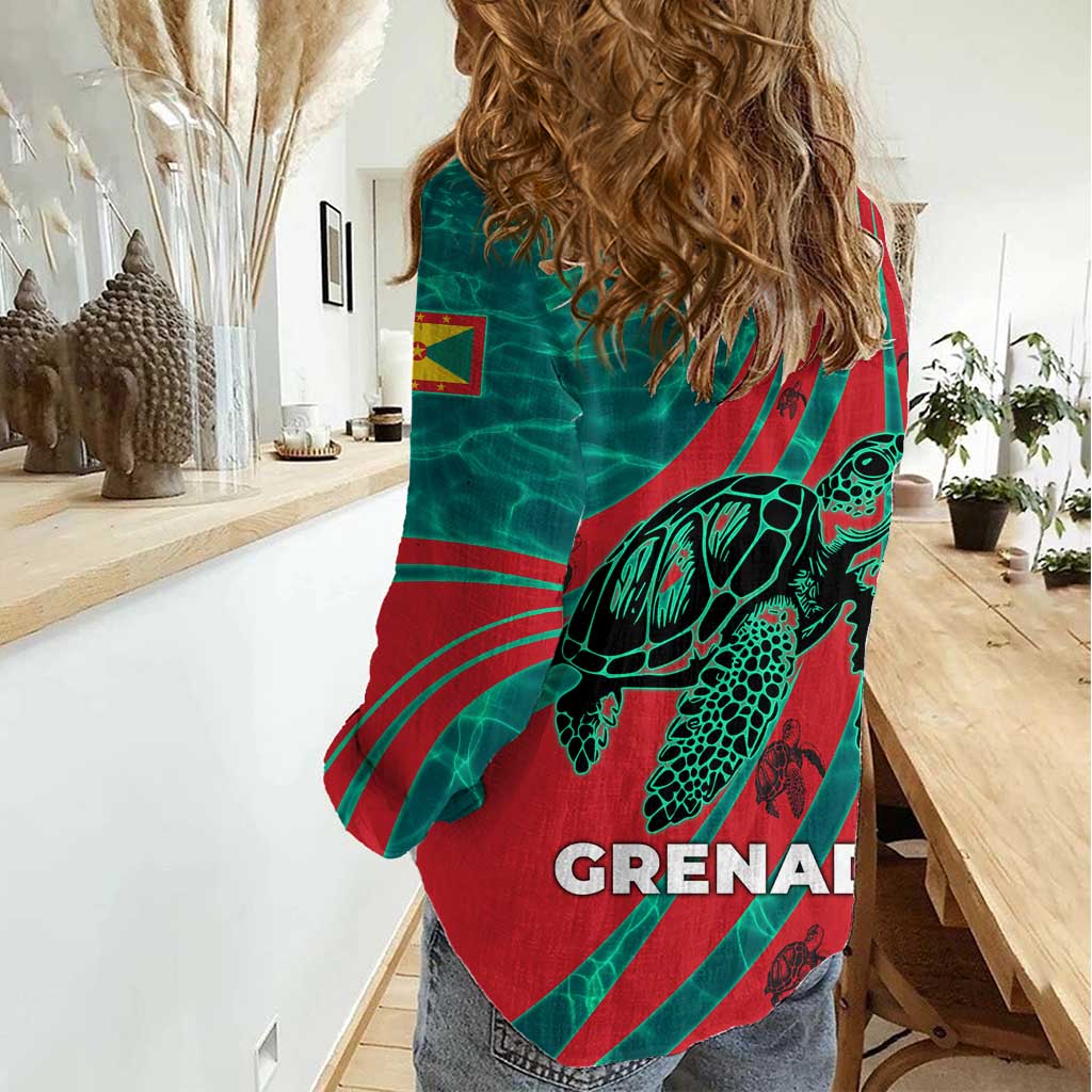 Grenada Sea Turtle Women Casual Shirt with Red Wave Stripes and Ocean Water Background - Wonder Print Shop