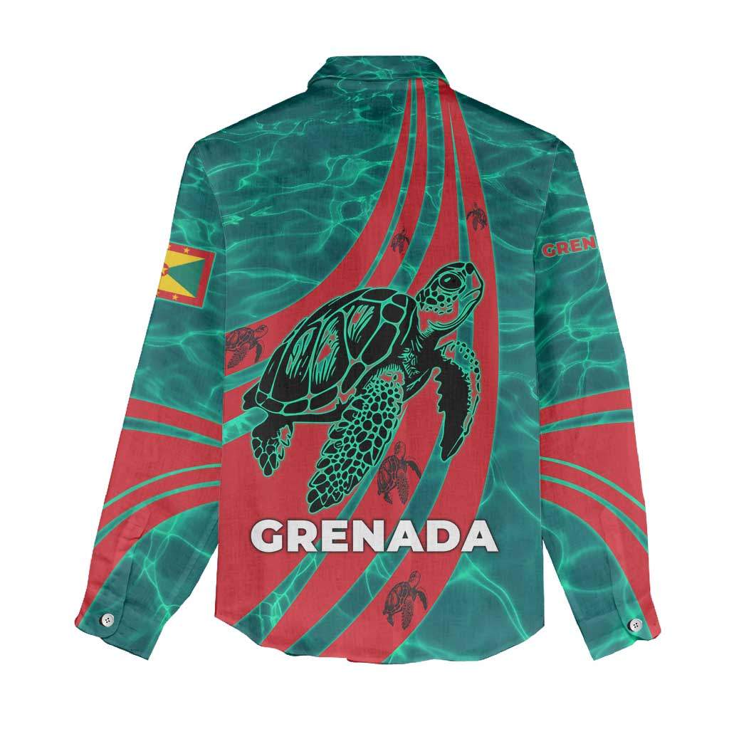 Grenada Sea Turtle Women Casual Shirt with Red Wave Stripes and Ocean Water Background - Wonder Print Shop