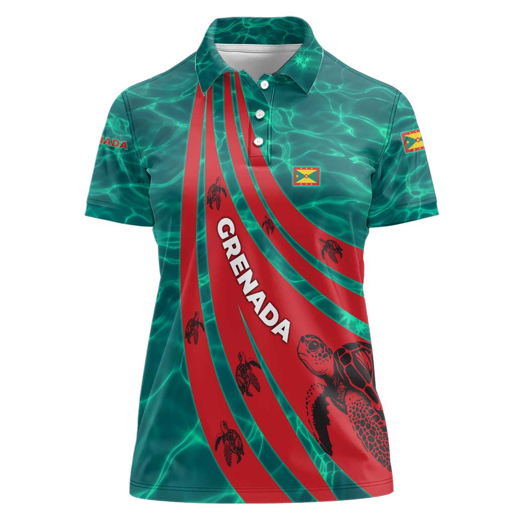 Grenada Sea Turtle Women Polo Shirt with Red Wave Stripes and Ocean Water Background - Wonder Print Shop