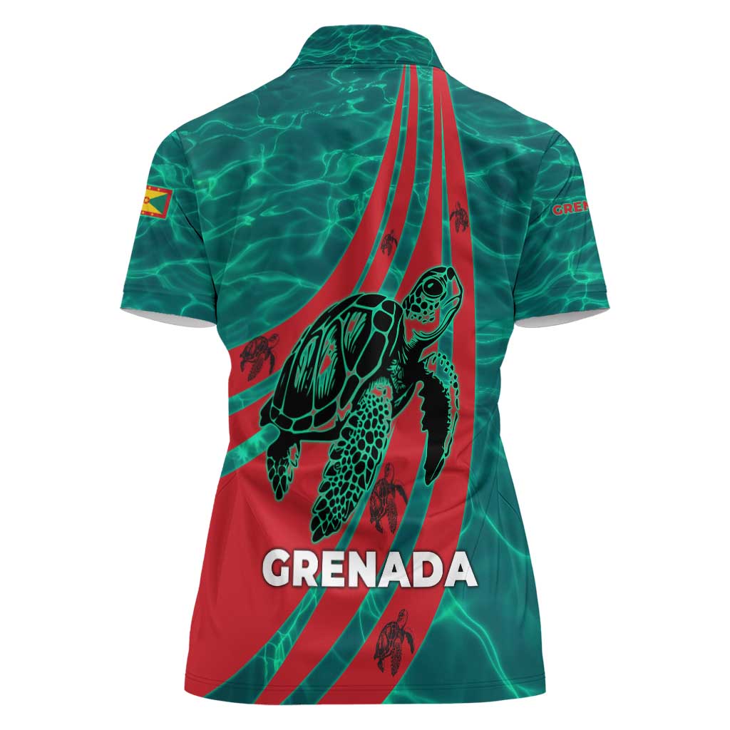 Grenada Sea Turtle Women Polo Shirt with Red Wave Stripes and Ocean Water Background - Wonder Print Shop