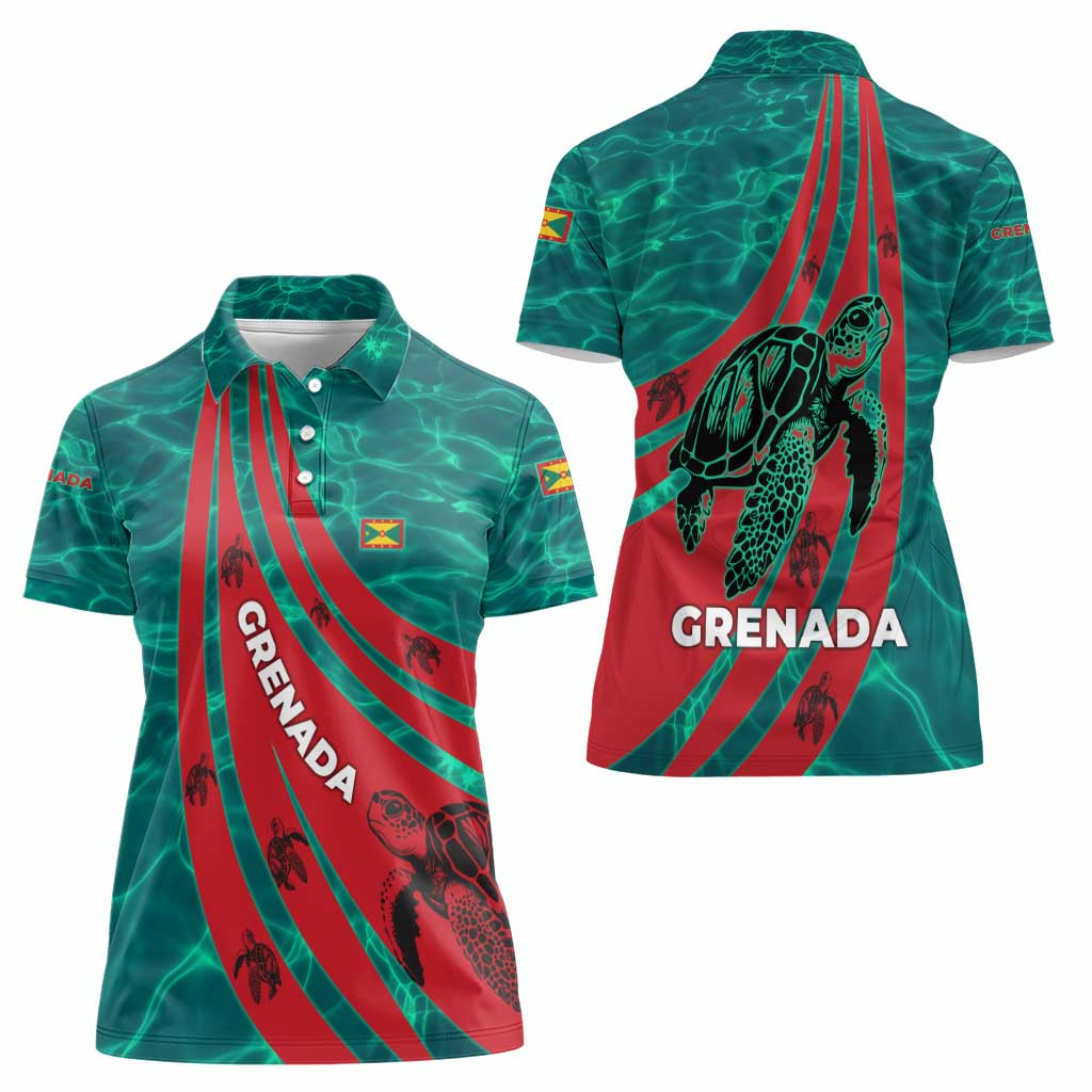 Grenada Sea Turtle Women Polo Shirt with Red Wave Stripes and Ocean Water Background - Wonder Print Shop