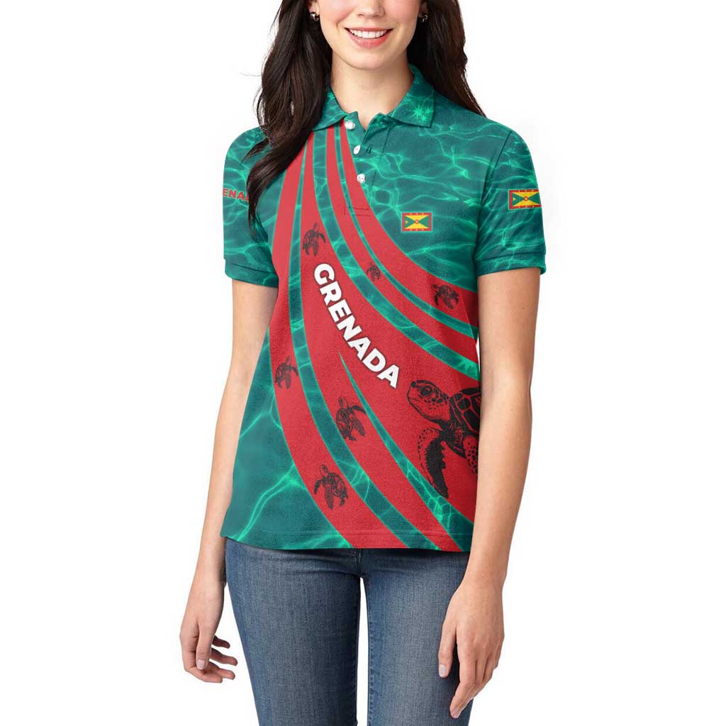 Grenada Sea Turtle Women Polo Shirt with Red Wave Stripes and Ocean Water Background - Wonder Print Shop