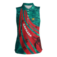 Grenada Sea Turtle Women Sleeveless Polo Shirt with Red Wave Stripes and Ocean Water Background - Wonder Print Shop