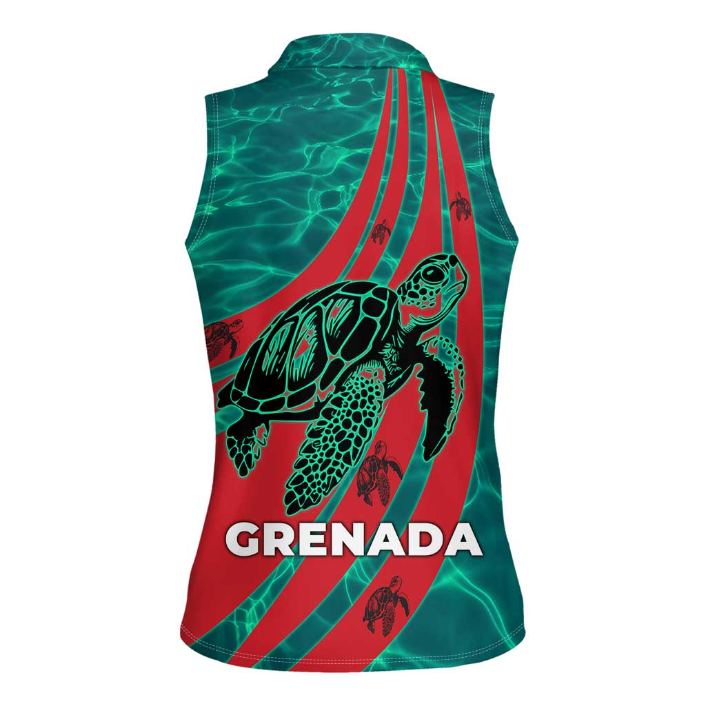 Grenada Sea Turtle Women Sleeveless Polo Shirt with Red Wave Stripes and Ocean Water Background - Wonder Print Shop