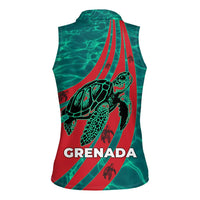 Grenada Sea Turtle Women Sleeveless Polo Shirt with Red Wave Stripes and Ocean Water Background - Wonder Print Shop