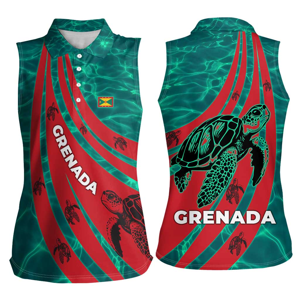 Grenada Sea Turtle Women Sleeveless Polo Shirt with Red Wave Stripes and Ocean Water Background - Wonder Print Shop