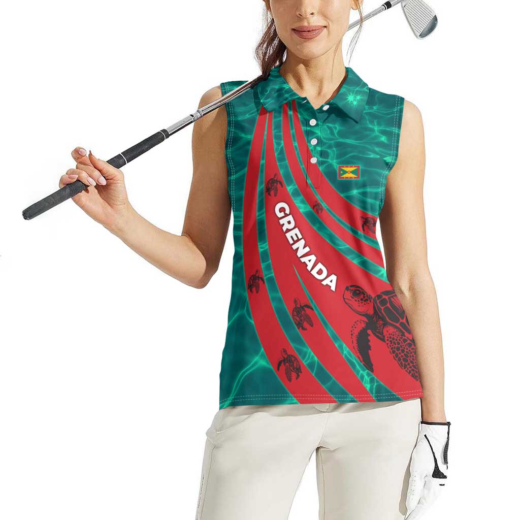 Grenada Sea Turtle Women Sleeveless Polo Shirt with Red Wave Stripes and Ocean Water Background - Wonder Print Shop