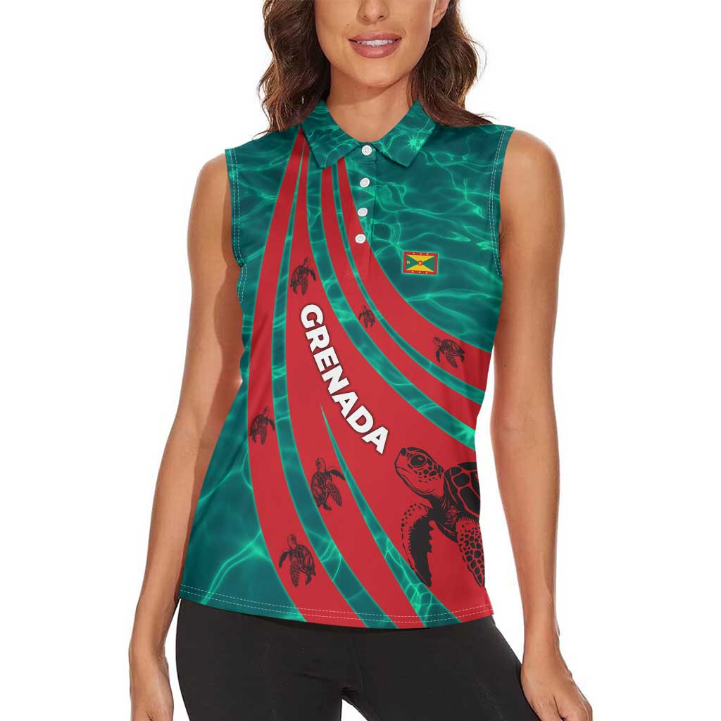 Grenada Sea Turtle Women Sleeveless Polo Shirt with Red Wave Stripes and Ocean Water Background - Wonder Print Shop