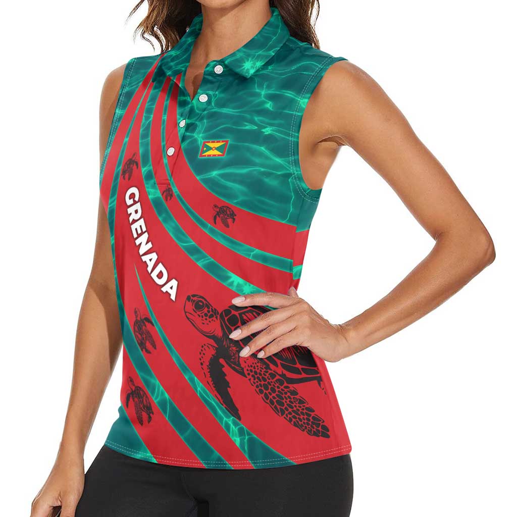Grenada Sea Turtle Women Sleeveless Polo Shirt with Red Wave Stripes and Ocean Water Background - Wonder Print Shop