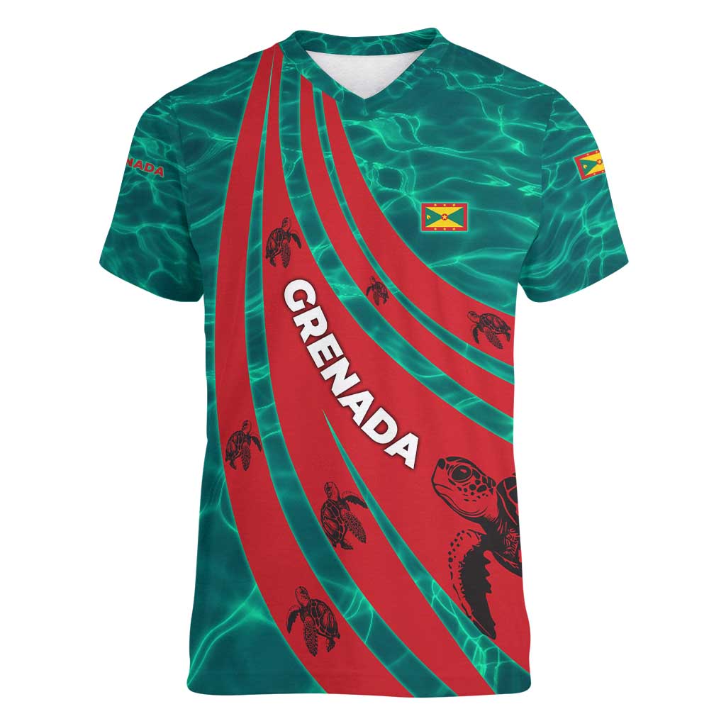 Grenada Sea Turtle Women V-Neck T-Shirt with Red Wave Stripes and Ocean Water Background - Wonder Print Shop