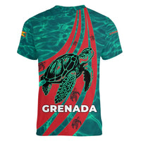 Grenada Sea Turtle Women V-Neck T-Shirt with Red Wave Stripes and Ocean Water Background - Wonder Print Shop