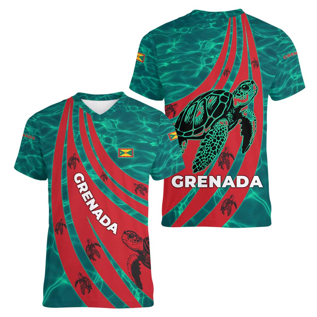 Grenada Sea Turtle Women V-Neck T-Shirt with Red Wave Stripes and Ocean Water Background - Wonder Print Shop