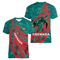 Grenada Sea Turtle Women V-Neck T-Shirt with Red Wave Stripes and Ocean Water Background - Wonder Print Shop