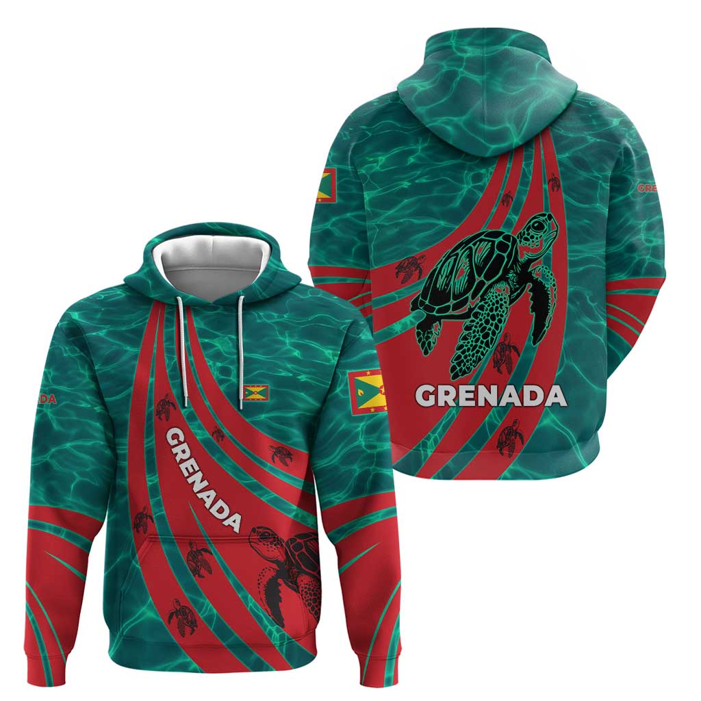 Grenada Sea Turtle Zip Hoodie with Red Wave Stripes and Ocean Water Background - Wonder Print Shop