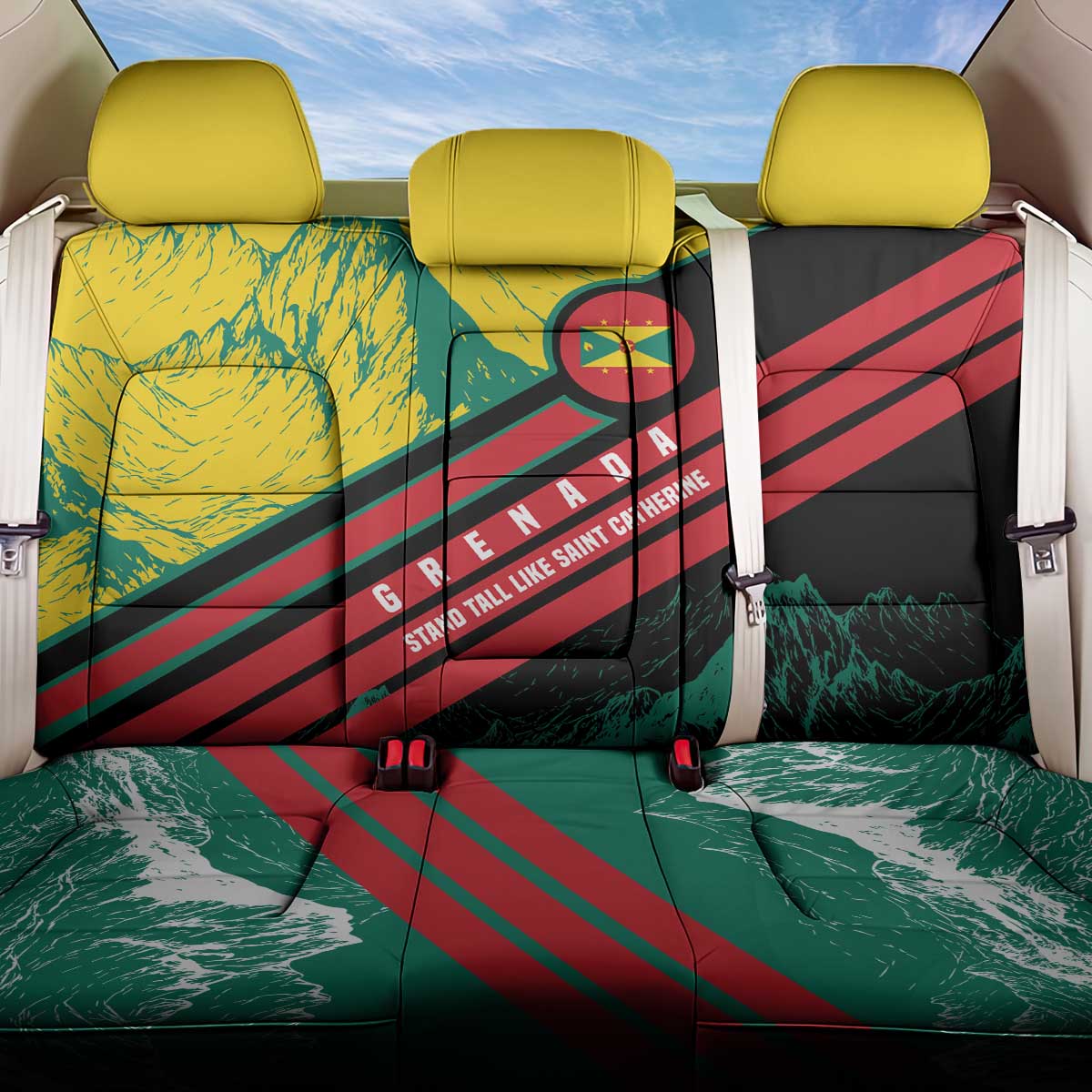 Grenada Mountain Graphic Back Car Seat Cover with National Flag and Saint Catherine Quote Design - Wonder Print Shop