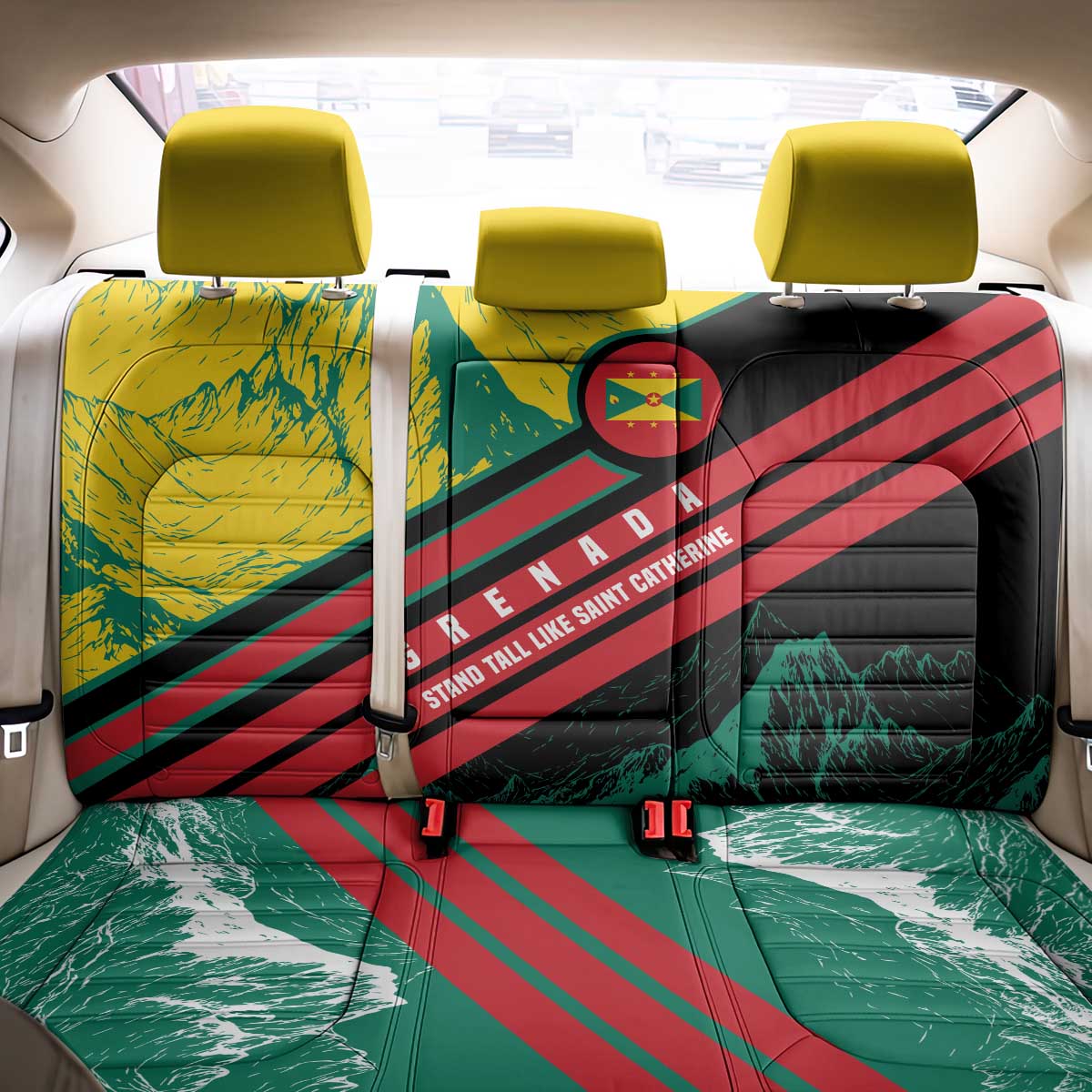 Grenada Mountain Graphic Back Car Seat Cover with National Flag and Saint Catherine Quote Design - Wonder Print Shop