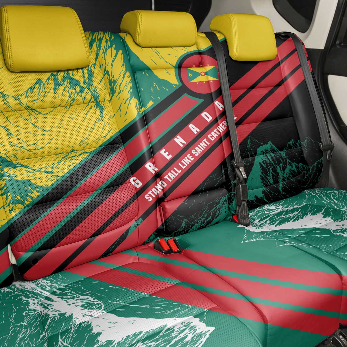 Grenada Mountain Graphic Back Car Seat Cover with National Flag and Saint Catherine Quote Design - Wonder Print Shop