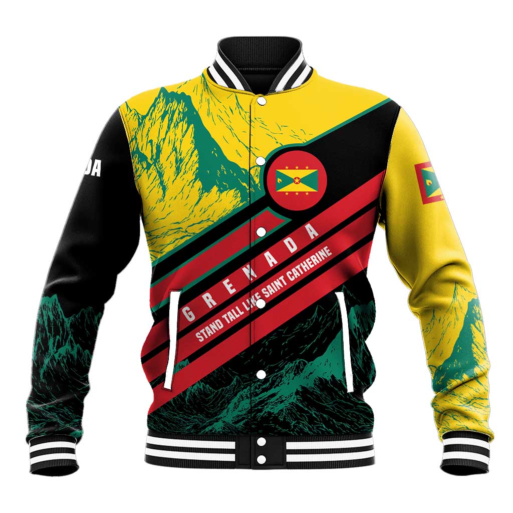 Grenada Mountain Graphic Baseball Jacket with National Flag and Saint Catherine Quote Design - Wonder Print Shop