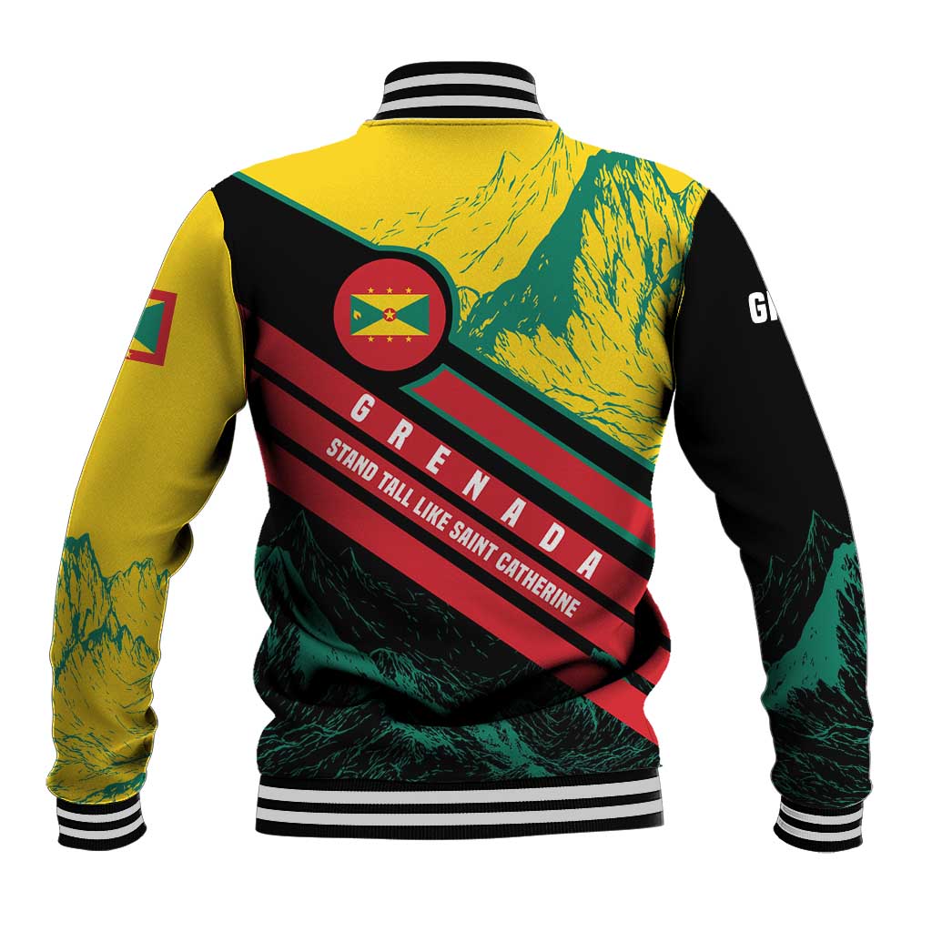 Grenada Mountain Graphic Baseball Jacket with National Flag and Saint Catherine Quote Design - Wonder Print Shop