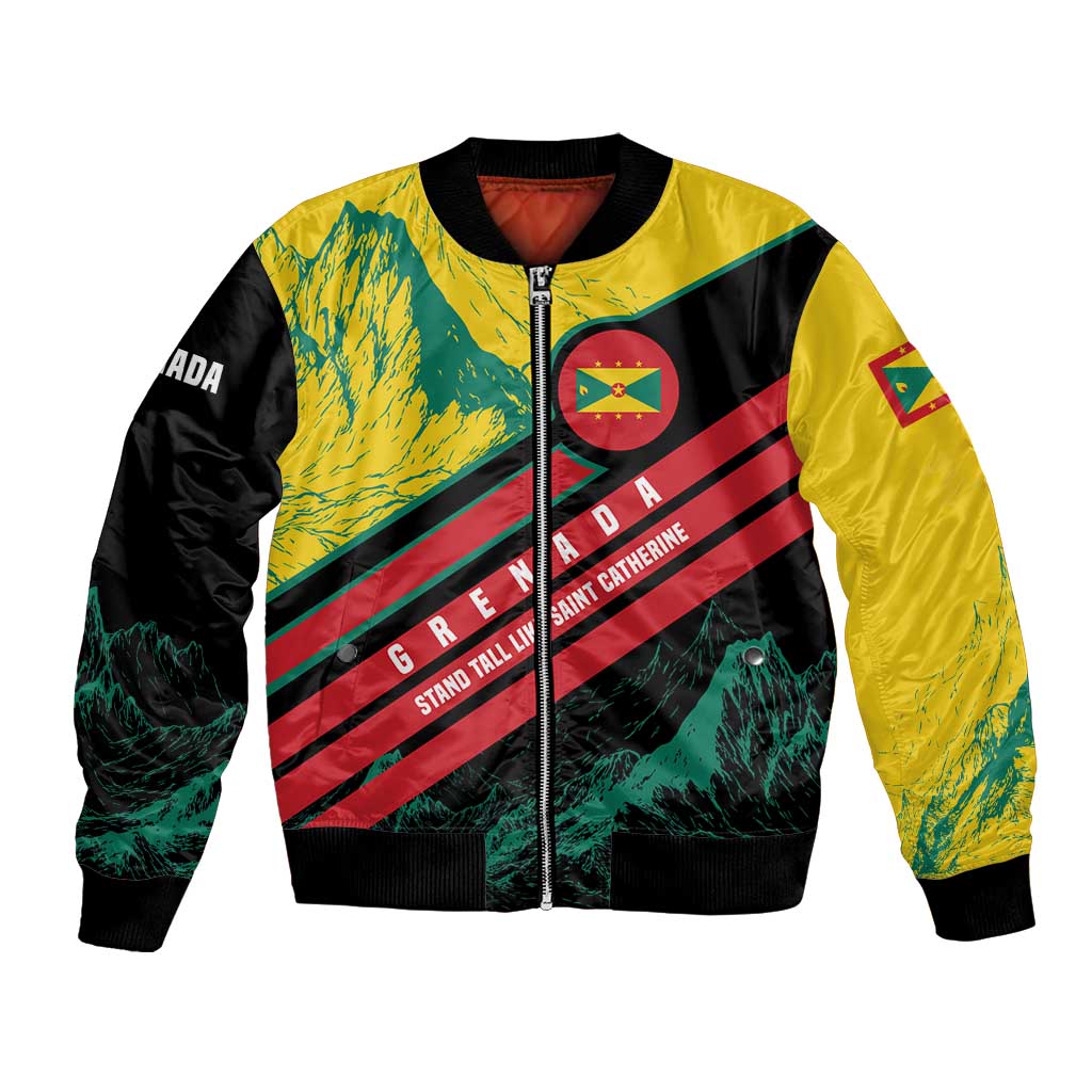 Grenada Mountain Graphic Bomber Jacket with National Flag and Saint Catherine Quote Design - Wonder Print Shop