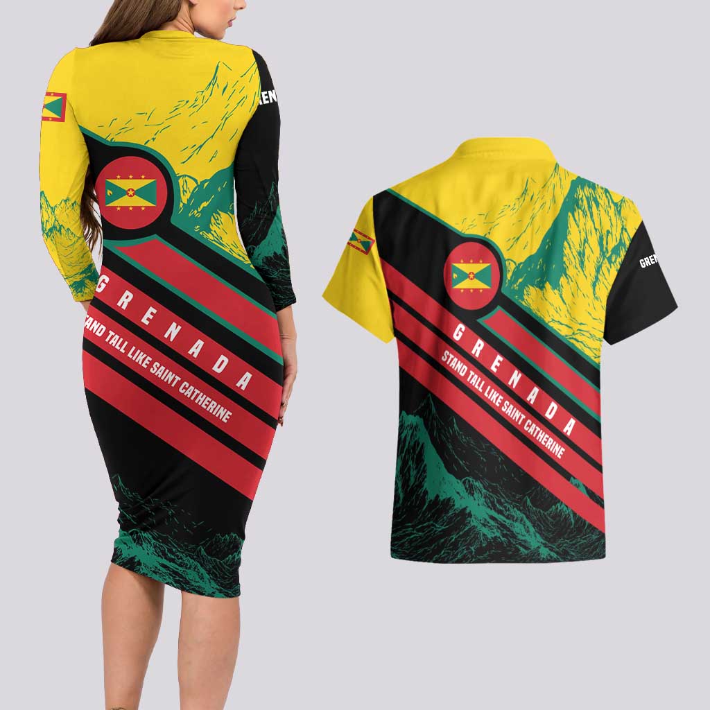 Grenada Mountain Graphic Couples Matching Long Sleeve Bodycon Dress and Hawaiian Shirt with National Flag and Saint Catherine Quote Design - Wonder Print Shop
