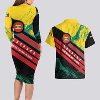Grenada Mountain Graphic Couples Matching Long Sleeve Bodycon Dress and Hawaiian Shirt with National Flag and Saint Catherine Quote Design - Wonder Print Shop