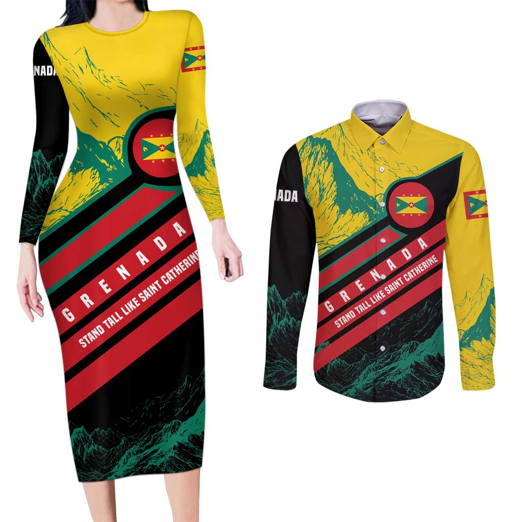 Grenada Mountain Graphic Couples Matching Long Sleeve Bodycon Dress and Long Sleeve Button Shirt with National Flag and Saint Catherine Quote Design - Wonder Print Shop