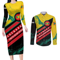Grenada Mountain Graphic Couples Matching Long Sleeve Bodycon Dress and Long Sleeve Button Shirt with National Flag and Saint Catherine Quote Design - Wonder Print Shop