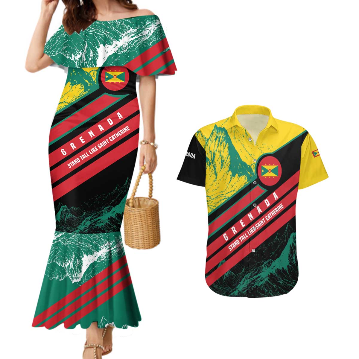 Grenada Mountain Graphic Couples Matching Mermaid Dress and Hawaiian Shirt with National Flag and Saint Catherine Quote Design - Wonder Print Shop