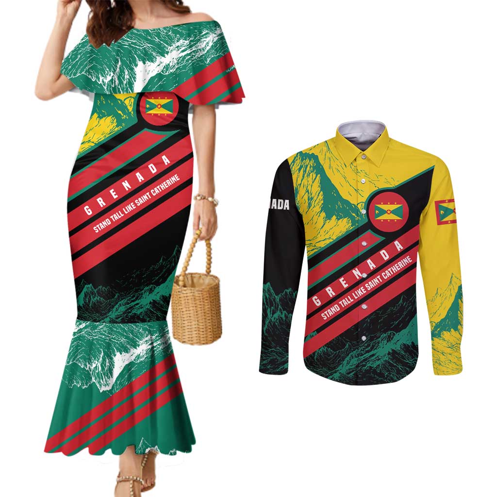 Grenada Mountain Graphic Couples Matching Mermaid Dress and Long Sleeve Button Shirt with National Flag and Saint Catherine Quote Design - Wonder Print Shop