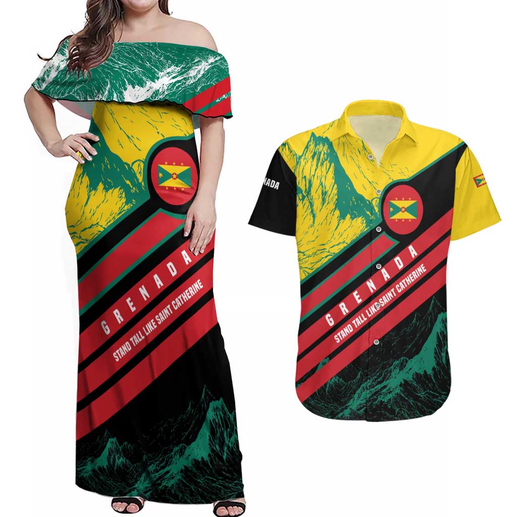 Grenada Mountain Graphic Couples Matching Off Shoulder Maxi Dress and Hawaiian Shirt with National Flag and Saint Catherine Quote Design - Wonder Print Shop
