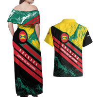 Grenada Mountain Graphic Couples Matching Off Shoulder Maxi Dress and Hawaiian Shirt with National Flag and Saint Catherine Quote Design - Wonder Print Shop