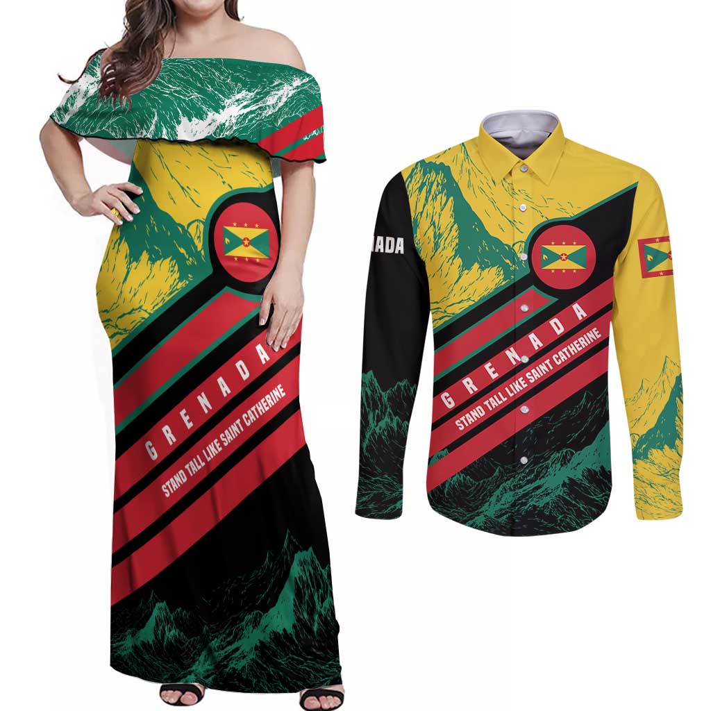 Grenada Mountain Graphic Couples Matching Off Shoulder Maxi Dress and Long Sleeve Button Shirt with National Flag and Saint Catherine Quote Design - Wonder Print Shop