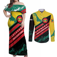 Grenada Mountain Graphic Couples Matching Off Shoulder Maxi Dress and Long Sleeve Button Shirt with National Flag and Saint Catherine Quote Design - Wonder Print Shop