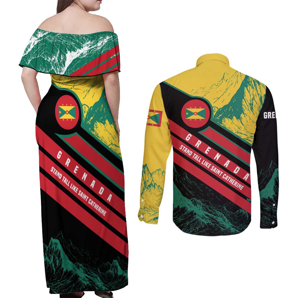 Grenada Mountain Graphic Couples Matching Off Shoulder Maxi Dress and Long Sleeve Button Shirt with National Flag and Saint Catherine Quote Design - Wonder Print Shop