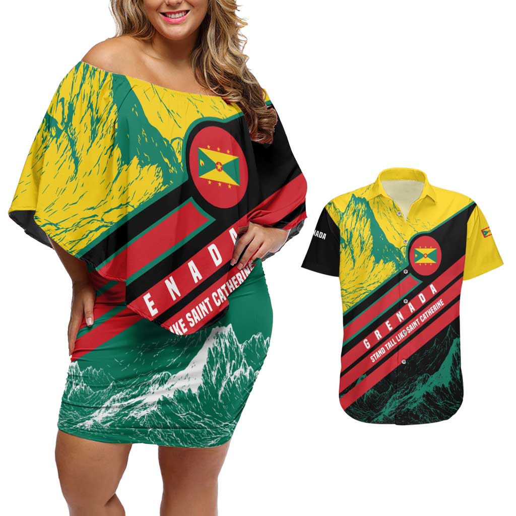 Grenada Mountain Graphic Couples Matching Off Shoulder Short Dress and Hawaiian Shirt with National Flag and Saint Catherine Quote Design - Wonder Print Shop