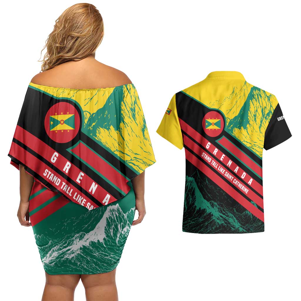 Grenada Mountain Graphic Couples Matching Off Shoulder Short Dress and Hawaiian Shirt with National Flag and Saint Catherine Quote Design - Wonder Print Shop