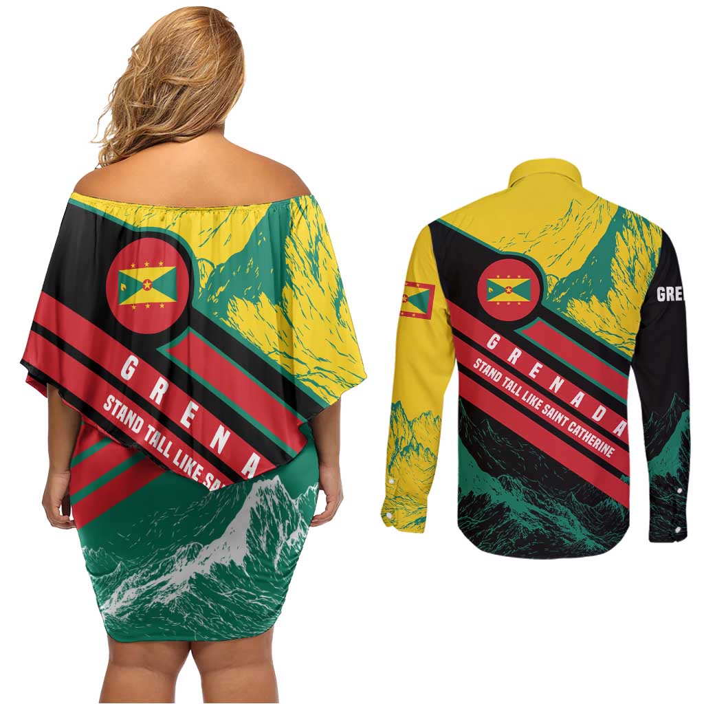 Grenada Mountain Graphic Couples Matching Off Shoulder Short Dress and Long Sleeve Button Shirt with National Flag and Saint Catherine Quote Design - Wonder Print Shop