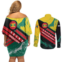 Grenada Mountain Graphic Couples Matching Off Shoulder Short Dress and Long Sleeve Button Shirt with National Flag and Saint Catherine Quote Design - Wonder Print Shop