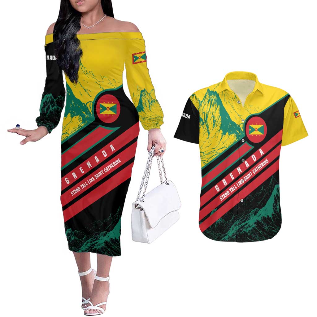 Grenada Mountain Graphic Couples Matching Off The Shoulder Long Sleeve Dress and Hawaiian Shirt with National Flag and Saint Catherine Quote Design - Wonder Print Shop