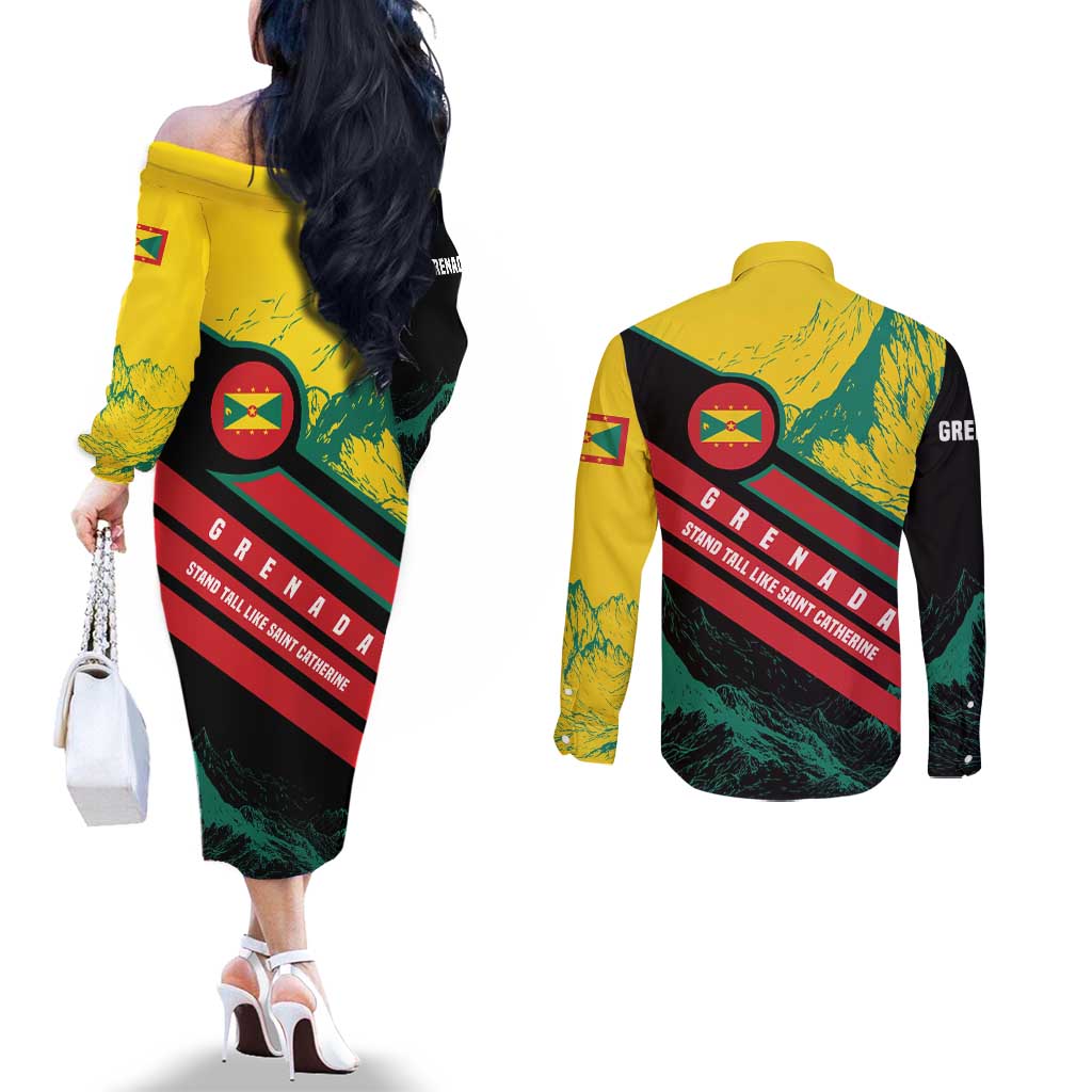 Grenada Mountain Graphic Couples Matching Off The Shoulder Long Sleeve Dress and Long Sleeve Button Shirt with National Flag and Saint Catherine Quote Design - Wonder Print Shop