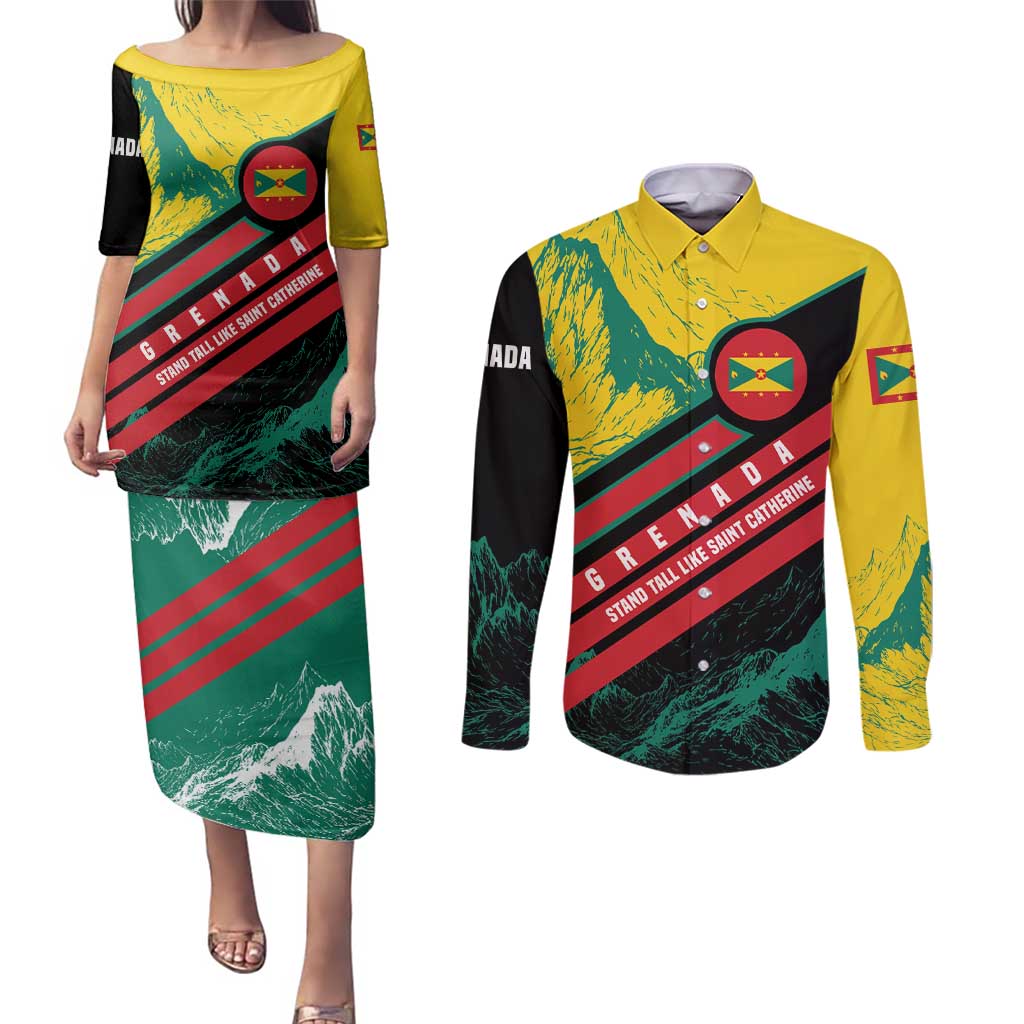 Grenada Mountain Graphic Couples Matching Puletasi and Long Sleeve Button Shirt with National Flag and Saint Catherine Quote Design - Wonder Print Shop