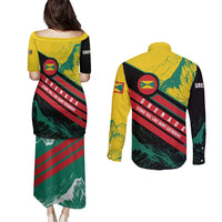 Grenada Mountain Graphic Couples Matching Puletasi and Long Sleeve Button Shirt with National Flag and Saint Catherine Quote Design - Wonder Print Shop