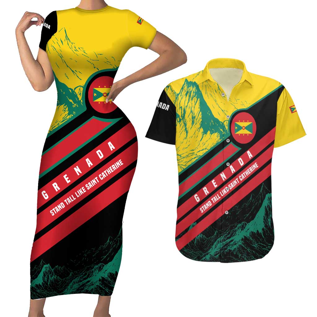 Grenada Mountain Graphic Couples Matching Short Sleeve Bodycon Dress and Hawaiian Shirt with National Flag and Saint Catherine Quote Design - Wonder Print Shop