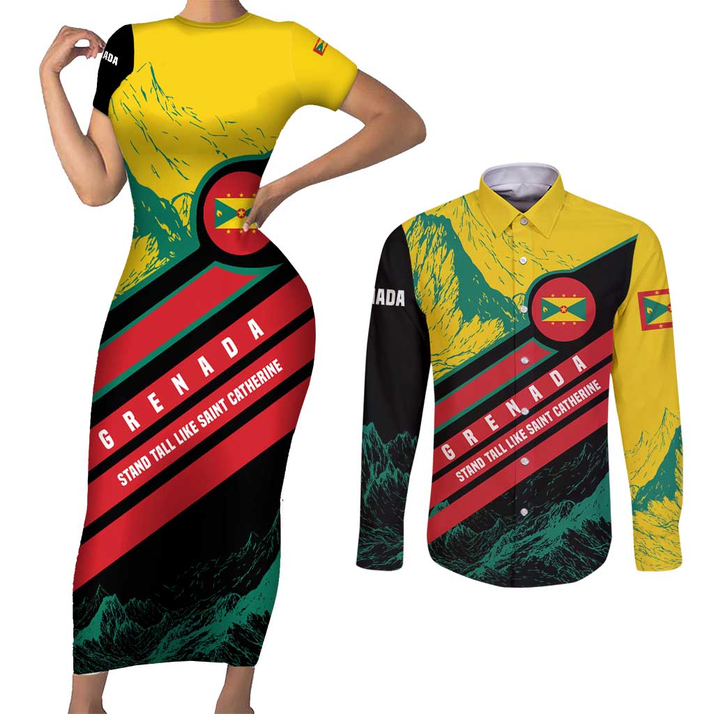 Grenada Mountain Graphic Couples Matching Short Sleeve Bodycon Dress and Long Sleeve Button Shirt with National Flag and Saint Catherine Quote Design - Wonder Print Shop