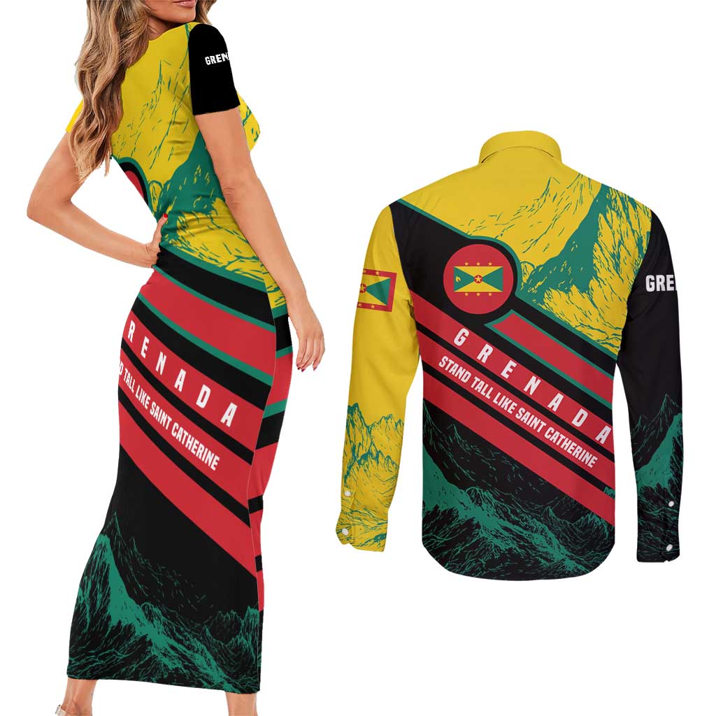 Grenada Mountain Graphic Couples Matching Short Sleeve Bodycon Dress and Long Sleeve Button Shirt with National Flag and Saint Catherine Quote Design - Wonder Print Shop