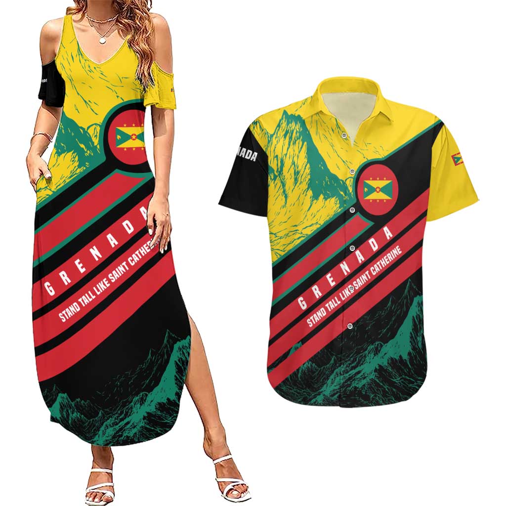 Grenada Mountain Graphic Couples Matching Summer Maxi Dress and Hawaiian Shirt with National Flag and Saint Catherine Quote Design - Wonder Print Shop