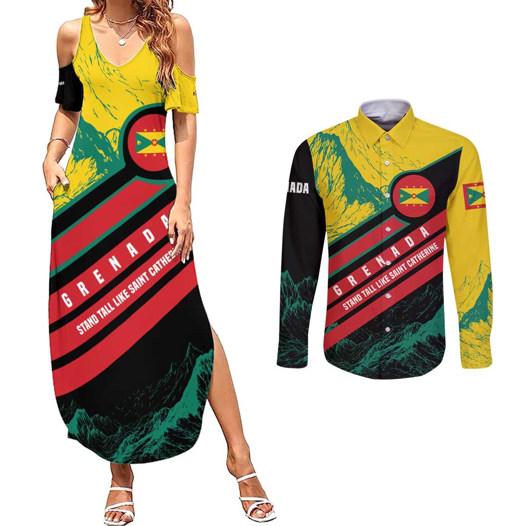 Grenada Mountain Graphic Couples Matching Summer Maxi Dress and Long Sleeve Button Shirt with National Flag and Saint Catherine Quote Design - Wonder Print Shop